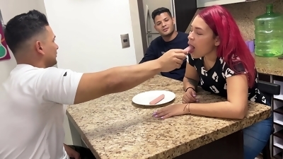 Housewife Wife Likes to Suck Sausage When her Husband's Friend Puts It in His Mouth She Turns into a Slut in Front of he