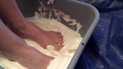 Size 7 feet covered in sticky marshmallow fluff receive a messy facial