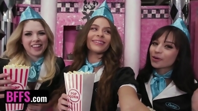 Cute Teens In Uniforms Aria Valencia, Nicole Aria And Riley Reign Share A Customer's Cock - POV foursome cosplay