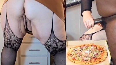 Pizza delivery guy arrived late, so I got very upset and jerked off his cock on the pizza and ate it