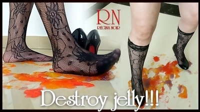 Sweet jeles destroying with high heels shoes on the floor. FULL VIDEO