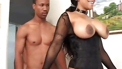 Black skank fucks herself with dildo while black stud duo anal fuck ebony bitch