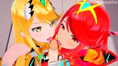 Pyra and Mythra from Xenoblade Chronicles 2 engage in a steamy three-way in uncensored 3D anime manga porn!