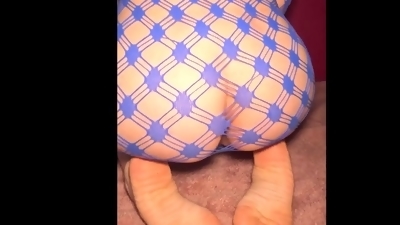 My Wife fuck dildo in fishnet and she squirt couple times, I cum on her ass