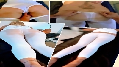 Sexy girl in white see through leggings gets her ass rubbed oiled tongued and fucked