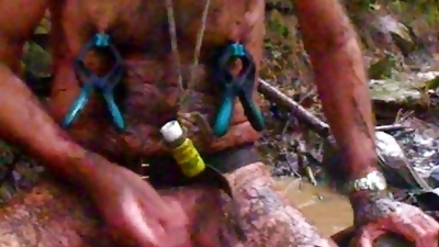 a very hard hike in stream, mud and cold water, clamps and hard wanking