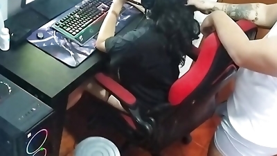She wanted to play on her PC, but I ended up playing with her and her pussy