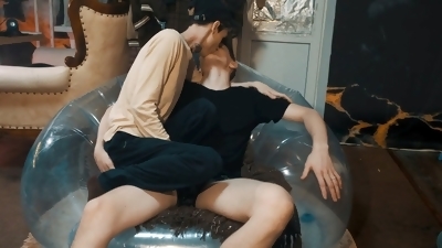 Steamy lesbian action of college girls on a translucent inflatable chair
