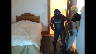 wearing orca wetsuit horny top has fun with spandex jock sex doll