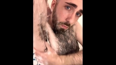 Skinny very hairy white daddy Charles Dickenballs shaves scalp and showers