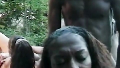 Hardcore orgy with a group of slutty ebony babes and randy studs fucking by the pool