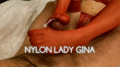 Nylon Lady Gina, red nylon feet, footjob