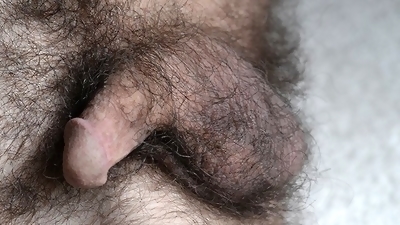 Very hairy small dick very close, with cumshot
