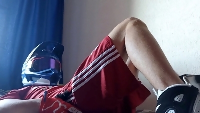 Young soccer player jerks off and cums while wearing sneakers