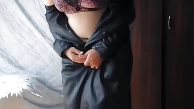 Crossdresser Kitty Leather Coat Sunglasses and Sexy Bra Natural bOObs Hot