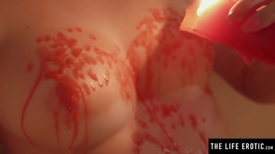 Kinky girl drips hot wax over her perfect tits as she masturbates - Straight sex