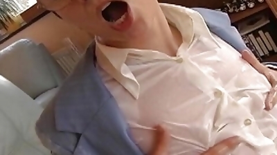Short haired secretary gets covered with warm cum and piss