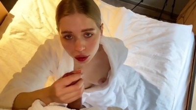 Morning Oral Sex At The Hotel - POV blowjob with cum in mouth for young slut