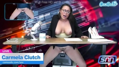 News Reporter Rides the Sybian as she gives the news till she orgasms - Carmela clutch