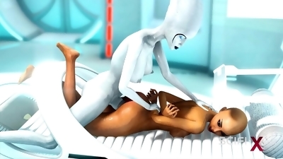 A sexy horny girl gets fucked by alien dickgirl in the sci-fi lab
