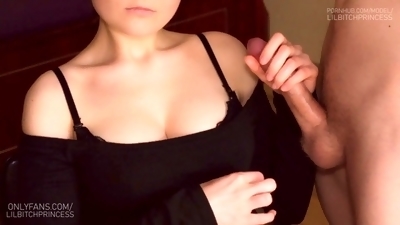 Cum on tits, natural tits, hand-job