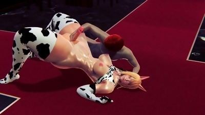 Honey Select - Fat Futanari in cow costume with bigs tits and cock get fucked hard and facial