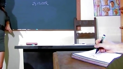 A horny dark haired German teacher fucking in the classroom