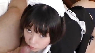Dark haired Japanese babe in maid cosplay, blowjob and creampie after cum, uncensored