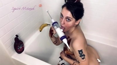 Jewish slut turns self into a messy sundae and stuffs holes with whipped cream and banana