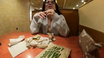 Getting naked in a restaurant with a fan! Playing with my tits, pussy, in public! Cum watch! Tinys40
